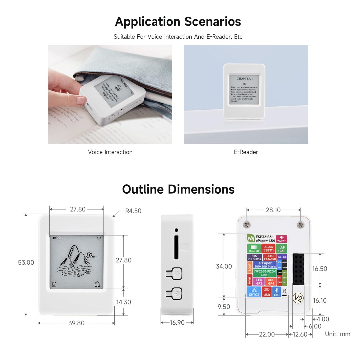 Waveshare ESP32-S3 1.54inch e-Paper AIoT Development Board, 200 × 200, Black/White, Supports Wi-Fi and BLE Dual-Mode Communication, with Touch Function, NO BAT