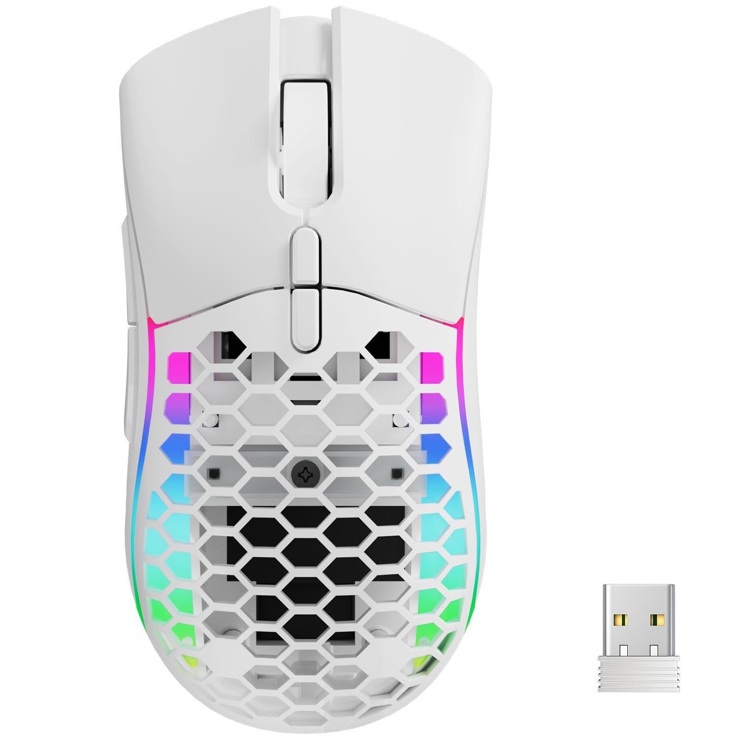 ELECGO Wireless Mouse, Honeycomb Shell Mouse with 2 Side Buttons, High-Precision 2400DPI Optical Sensor, 7 Buttons, 14 Rainbow Backlit, Ultralight Wireless Mouse for PC/Mac/Laptop,White