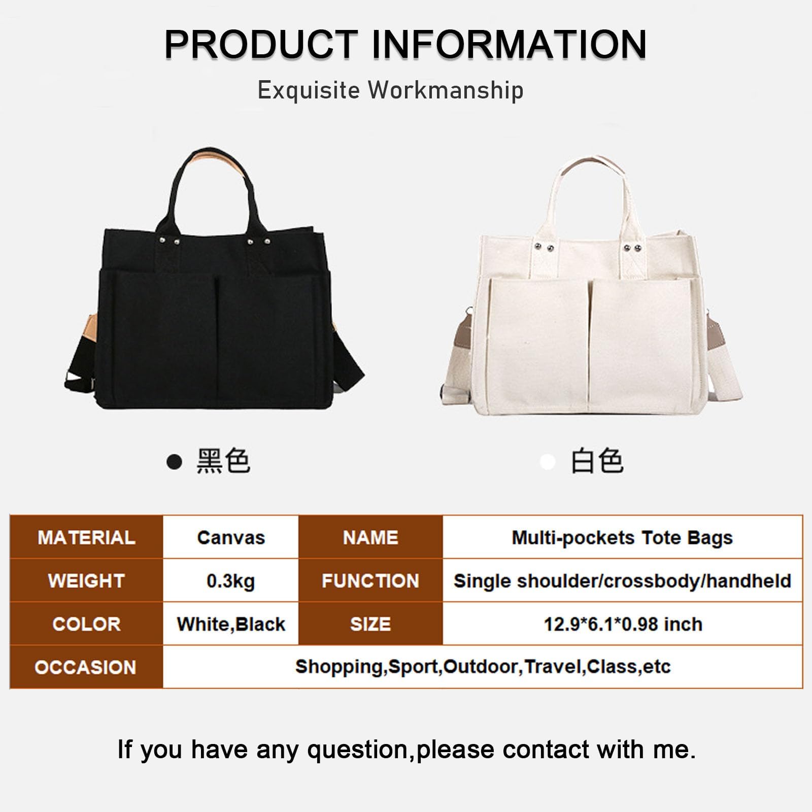 MOALET Canvas Tote Bags for Women Large Shoulder Handbags Hobo Bags Multi-pockets Satchel Purse Casual Travel Work Bags (A Multi-pocket, White)