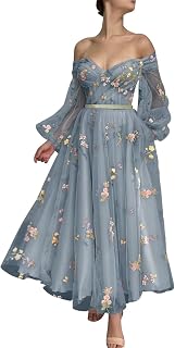 Fivsole Off Shoulder Puffy Sleeve Prom Dress Flower Embroidered Tulle Short Formal Floral Gowns