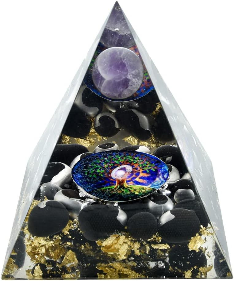 Reshamm® Pre-Charged Ready to Use Handmade Designer Crystal Stone Pyramid for Bringing Joy in Life. Anxiety. Mental Tiredness Packed in Beautiful Gift Wooden Box. Amethyst Ball Black Obsidian (Design 5)