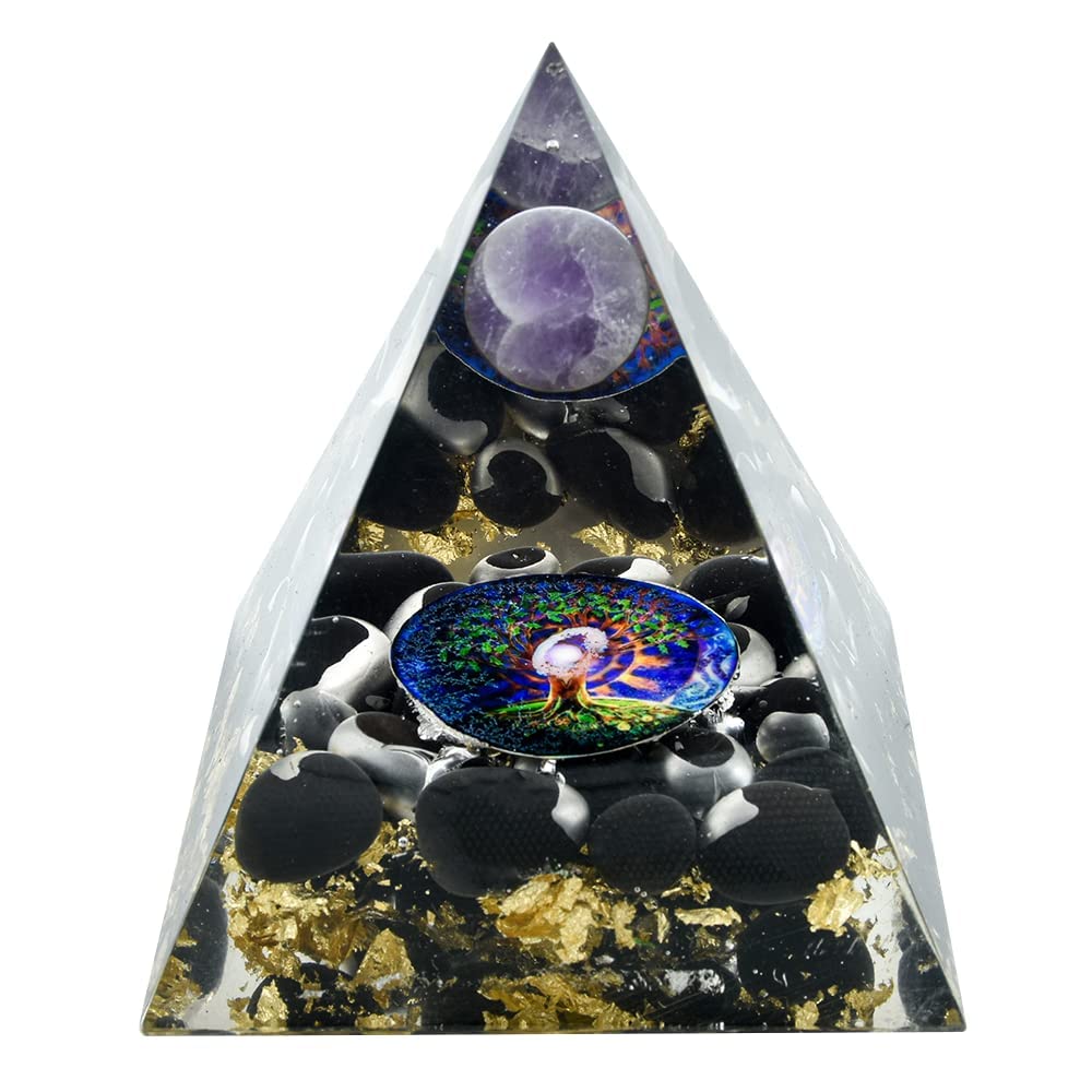 Reshamm® Pre-Charged Ready to Use Handmade Designer Crystal Stone Pyramid for Bringing Joy in Life. Anxiety. Mental Tiredness Packed in Beautiful Gift Wooden Box. Amethyst Ball Black Obsidian (Design 5)