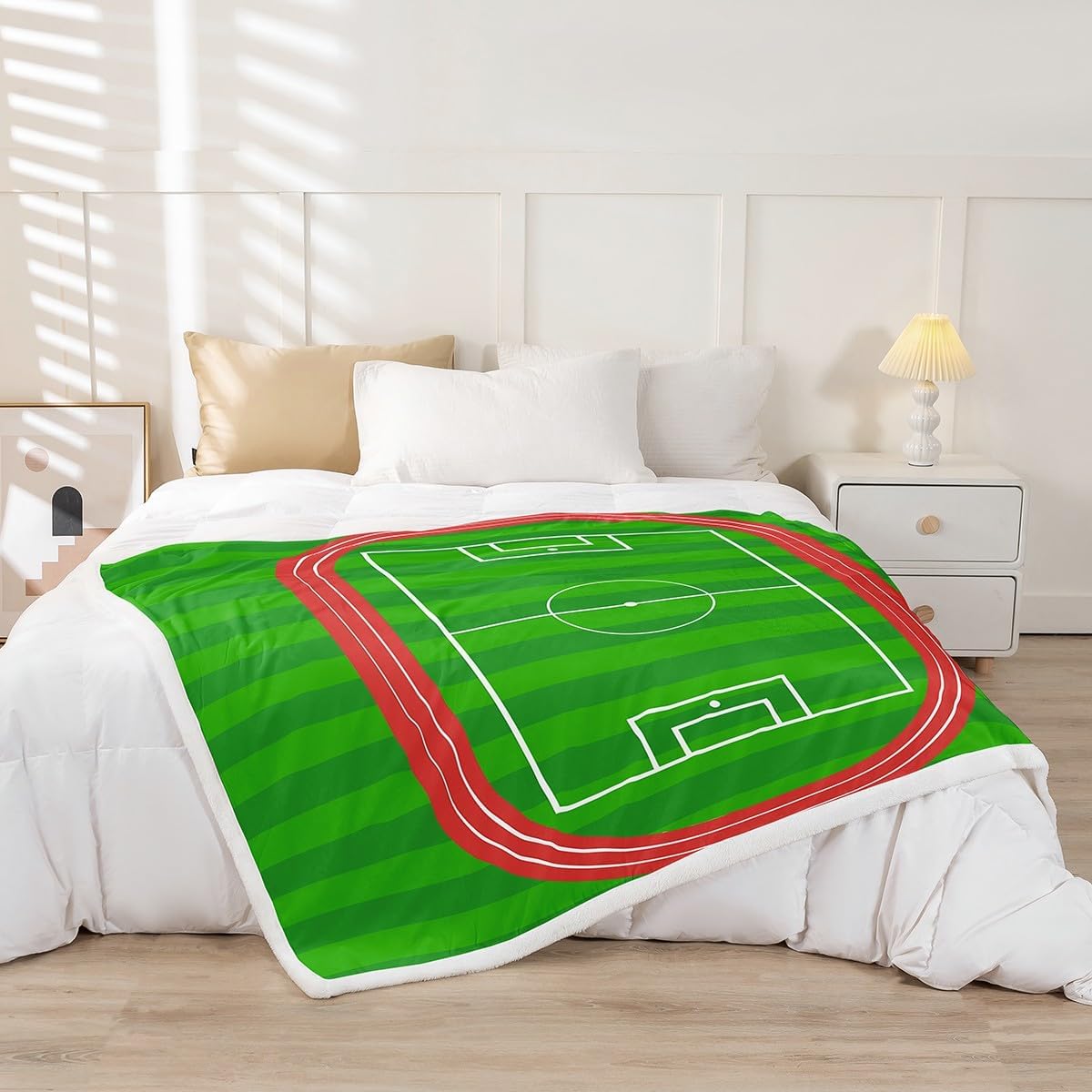 Castle Fairy Soccer Field Grass Fleece Blanket,Rugby Sports America Football Bed Blanket for Kids Teens,Football Field Flannel Blanket for Room Decor,Queen 90"x90"