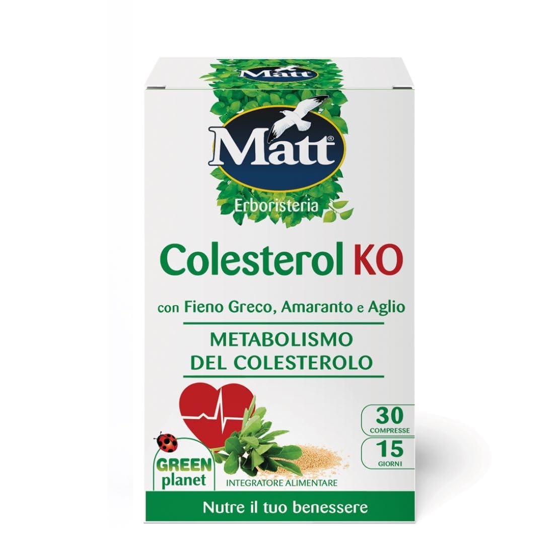 Matt, Colesterol KO, Integratore Alimentare a Base di Fieno Greco, Amaranto e Aglio, Favorisce il Metabolismo del Colesterolo e dei Trigliceridi, Confezione da 30 Compresse - 15 Dosi