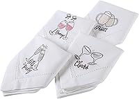 BeddingCraft Embroidered Cloth Napkins Set of 4 - 18x18 White Cotton with Cheers, Let's Party, Happy & Pretzel Designs - Reusable Party Table Linens