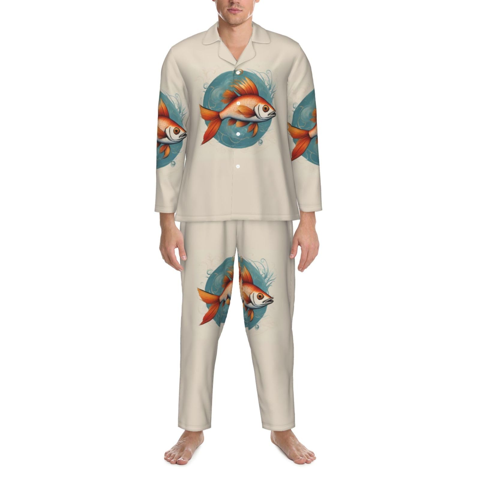 Schönes Herren-Pyjama-Set, langärmelig, Fisch-Druck, zweiteilig, Hauskleidung, bequeme Nachtwäsche
