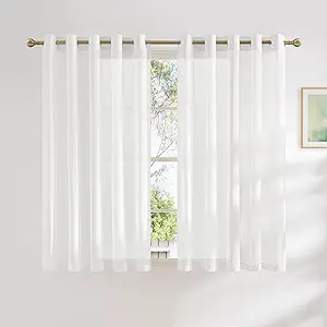 NICETOWN White Linen Sheer Bedroom Curtains 63 inch Length, Grommet Linen Textured Semi Sheer Privacy Window Treatments Light Filtering for Kids Room, W62 x L63, Set of 2