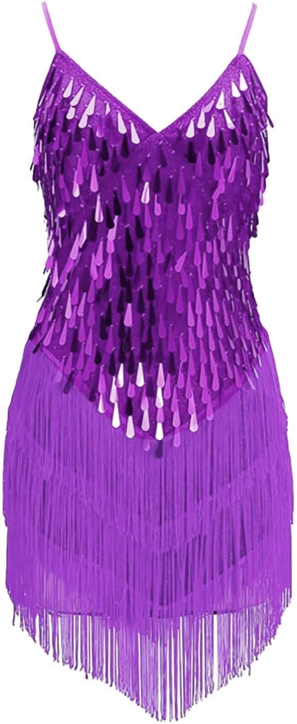 Girls Sequin Latin Dance Dress with Tassel Kids Sparkly Jazz Dance Dress Spaghetti Straps Fringe Dancewear V Neck Skirt