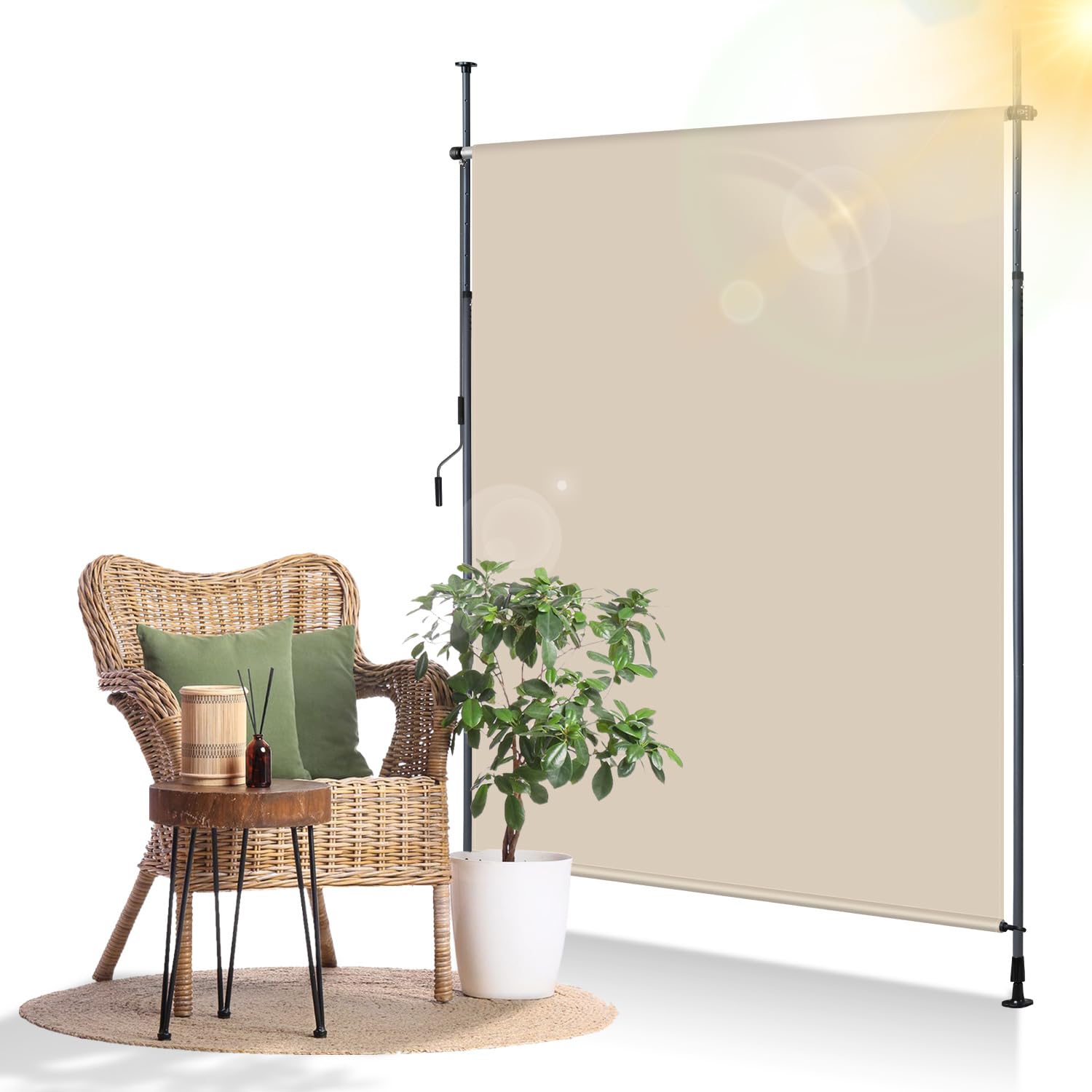 Toldo de abrazadera Toldo vertical exterior de 200 x 305 cm, extensible, toldo vertical con manivela manual sin taladrar, protección visual para balcón y protección contra el viento para