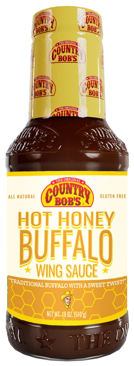 Country Bob's Hot Honey Buffalo Wing Sauce - Traditional Buffalo with Sweet Twist, Small Batch Crafted, Ideal for Grilling, Frying, Baking, 18oz