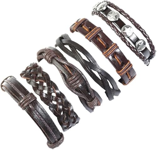 KANDUO 6 pcs Braided Leather Bracelets for Men Women Woven Cuff Wrap Bracelet Ethnic Tribal Bracelets Adjustable Brown