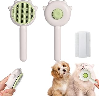 Pet Combing Brush，Magic Pet Comb, Pet Hair Cleaner Brush Self Cleaning Pet Brush for Shedding Purry Self Cleaning Brush Magic Massage Pet Grooming Brush 2 in 1 Cat Cleaning Brush Pet Brush with Release Button for Removes Tangles Loose Fur (White)