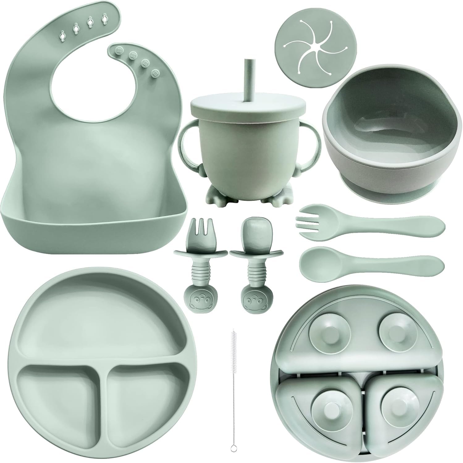 10 Piece Baby Feeding Set | 100% Food Grade Silicone | Non Slip | Suction Bowl and Plate | Self Feeding Utensils | Led Weaning Supplies | Microwave and Dishwasher Safe | 6+ Months