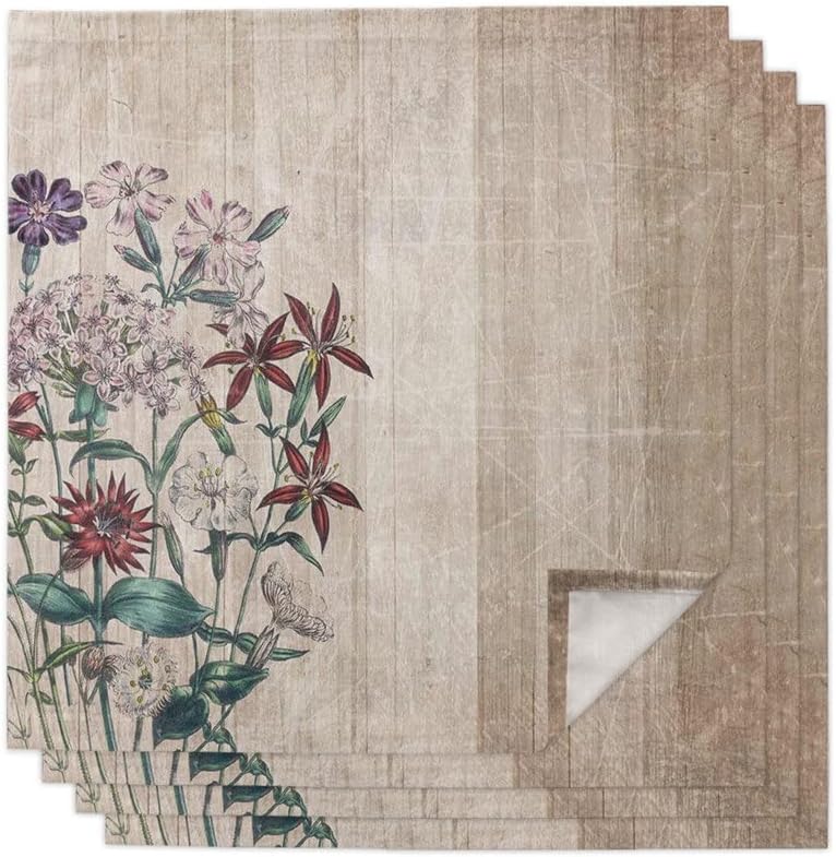 Retro Flower Wood Grain Table Napkin Cloth Set Wedding Party Handkerchief Restaurant Supplies Christmas Napkins(4pcs)
