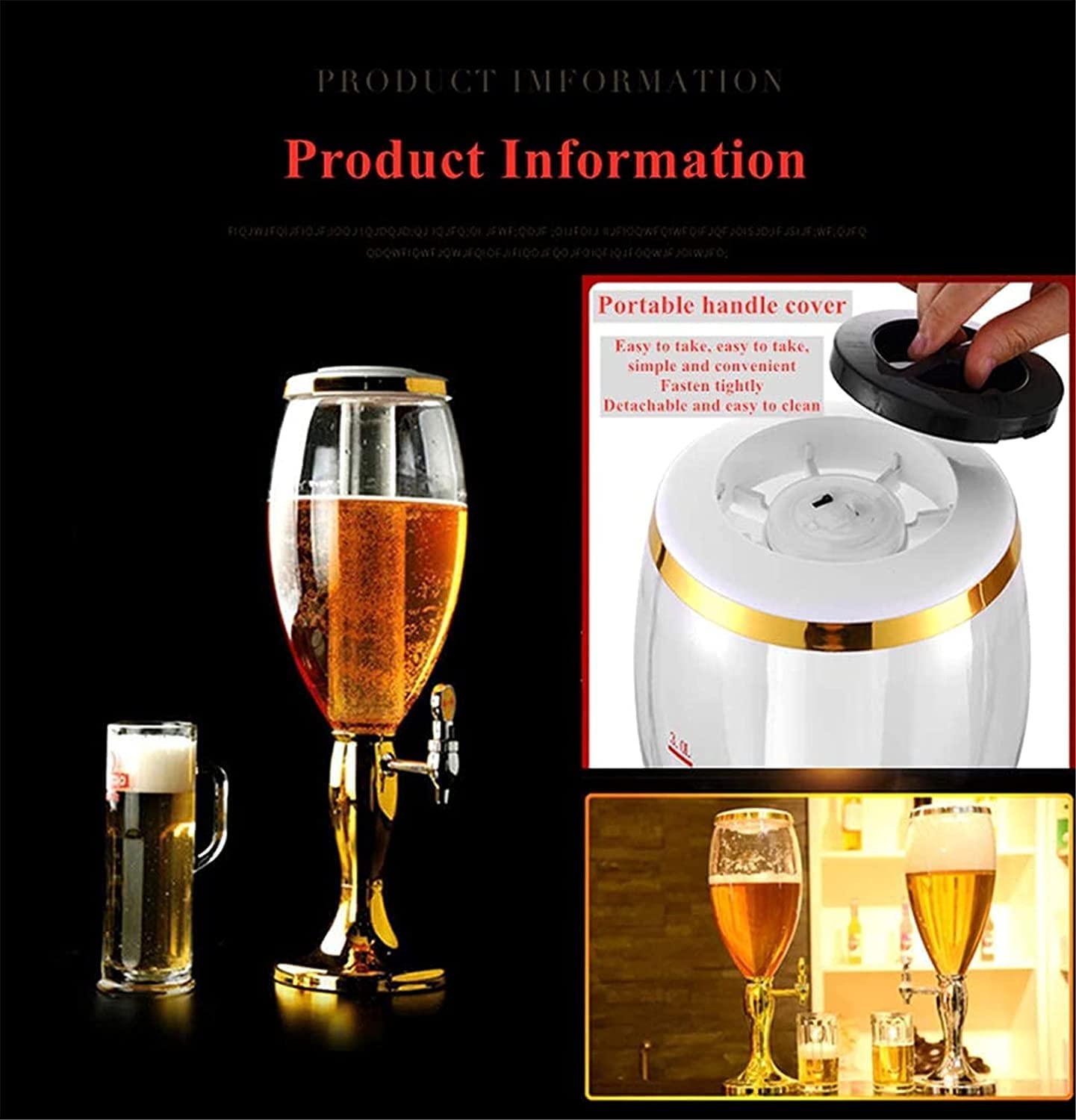 Beverage Dispenser, Beer Dispenser, Beer Bucket Beverage Tower Dispenser, Equipped With LED Colored Luminous Lights And Ice Tubes(Gold,3L)