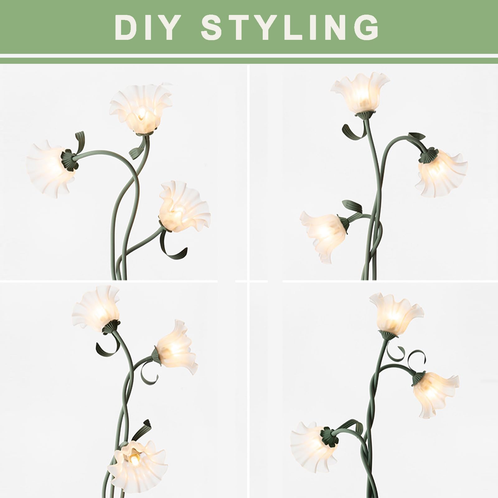 GrüNe Stehlampe Wohnzimmer,Europäische DIY Eisen Stehlampe Mit 3 Drehbaren Blumen,170 Cm Moderne Floor Lamp Geeignet FüR Schlafzimmer,Wohnzimmer,Arbeitszimmer,BüRo,Inklusive 3 GlüHbirnen