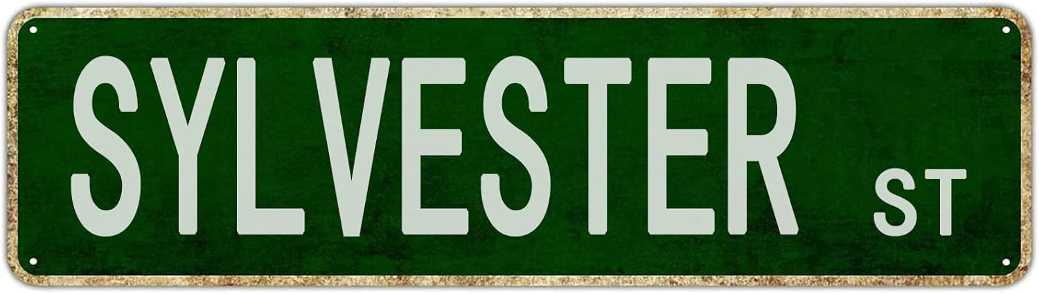 peiyeety Sylvester St Vintage Metal Tin Sign, 4x16 Inch Rustic Custom Street Themed Wall Decor, Retro Sign for Home, Garage, Waterproof Tin Sign, Durable Wall Art