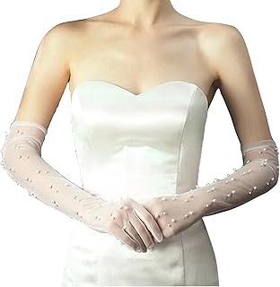 Pearl Women’s Wedding Gloves Long Tulle Bridal Gloves White Finger 20s Opera Evening Party Sheer Gloves for Brides