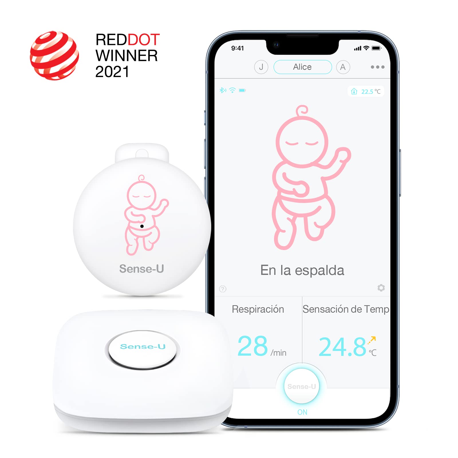 Sense-U Sensores de Monitor de bebé 3: realiza un Seguimiento del Movimiento Abdominal, la sensación de Temperatura, el Giro y la posición para Dormir de su bebé en los teléfonos Inteligentes(Rosa)