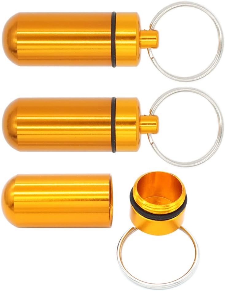 Portable Aluminum Alloy Keychain Pill Holder/Case+O-Ring~Holds Aspirin Ibuprofen Advil Pain Medication Vitamin Herb~Waterproof Travel Pill Fob Emergency EDC Key Ring Capsule-Gold 3 PCS