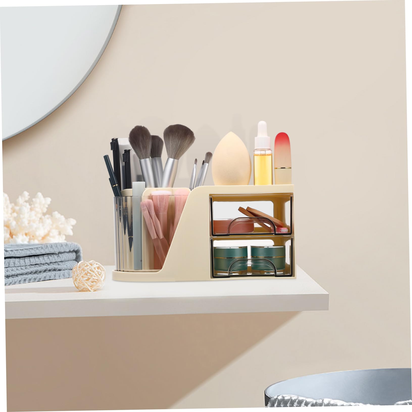 Drehbarer Schreibtisch organizer mit Geteiltem Stiftehalter und Kompakte Aufbewahrungsbox für Bürobedarf und Makeup pinsel Platzsparende Kunststoff box in Weiß