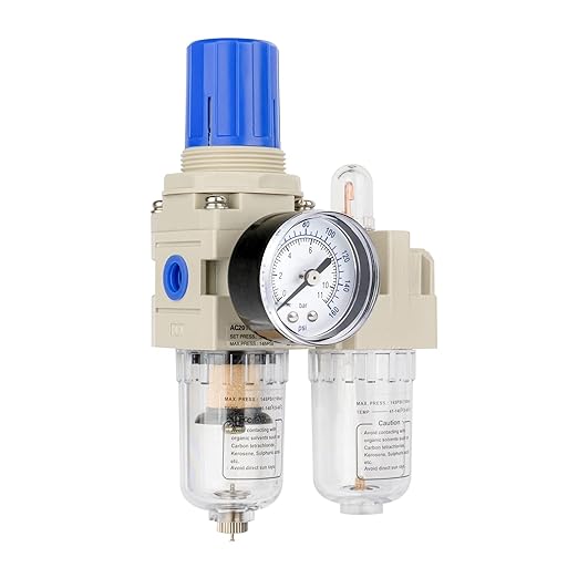 BLCH 1/4" NPT Air Compressor Water Separator - Air Pressure Regulator Compressed Air Filter Regulator Lubricator Combo AC2010-02 Manual Drain Poly Bowl Gauge 0-160 PSI 5μm Brass