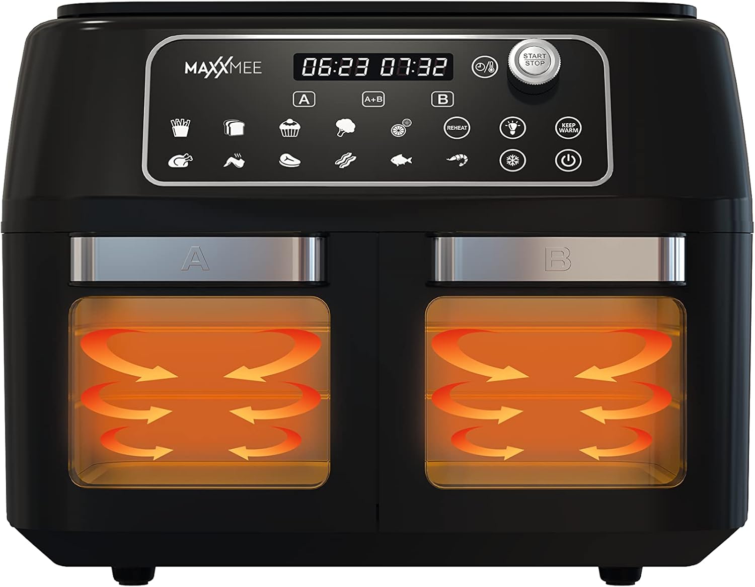 MAXXMEE Friggitrice ad aria a doppia camera digitale con ante in vetro e zone di cottura sincronizzate - 11L, nero MAXXMEE Friggitrice ad aria a doppia camera digitale con ante in vetro e zone di cottura sincronizzate - 11L, nero