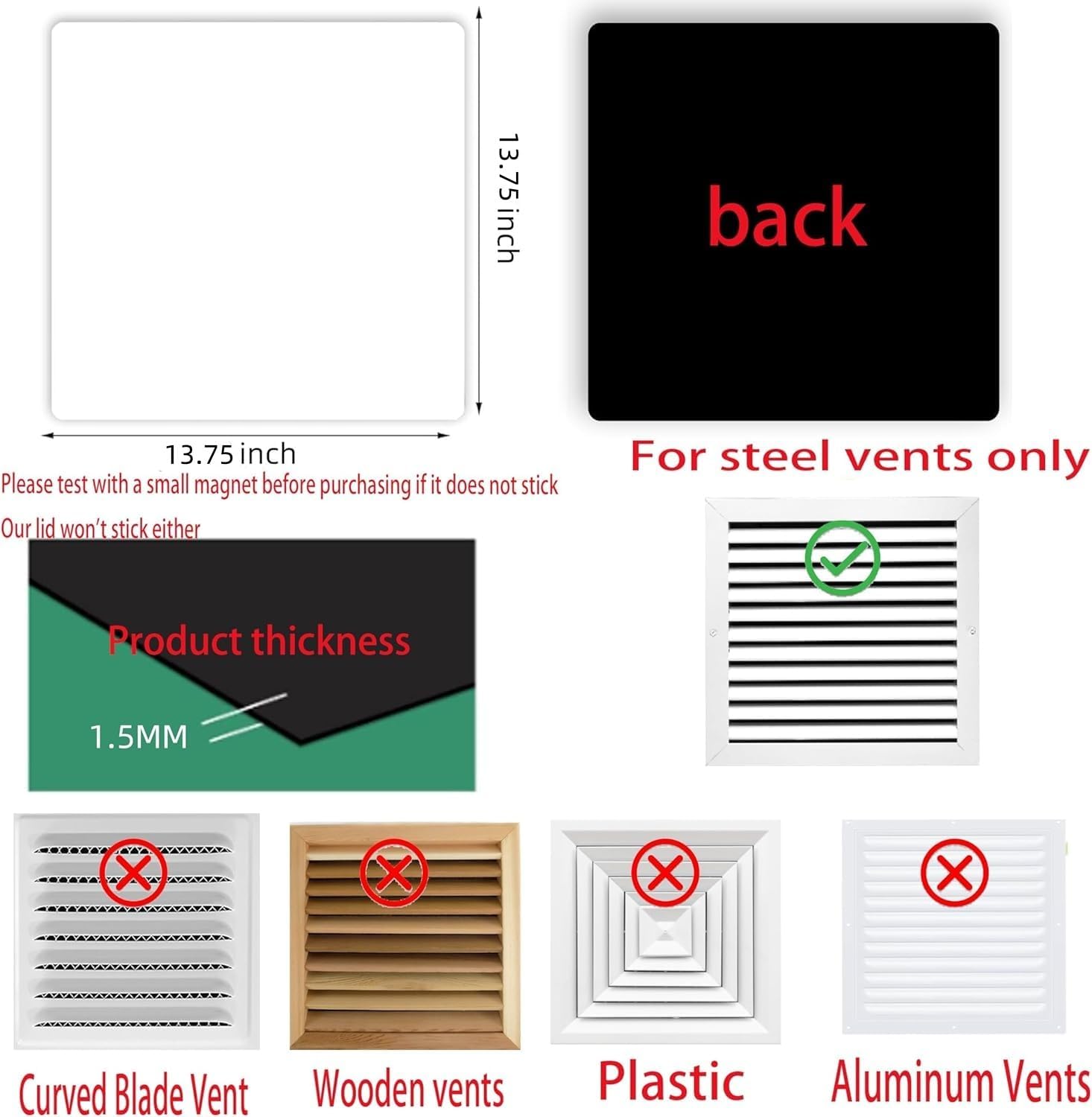 Square Magnetic Vent Covers, Extra Strong Magnets, 13.75" x13.75" (2 Pack), Fits Steel Vents Only, Complete Seal, Air Vent Covers for Home Ceiling, Wall Registers, HVAC, AC, and Heater (13.75IN)