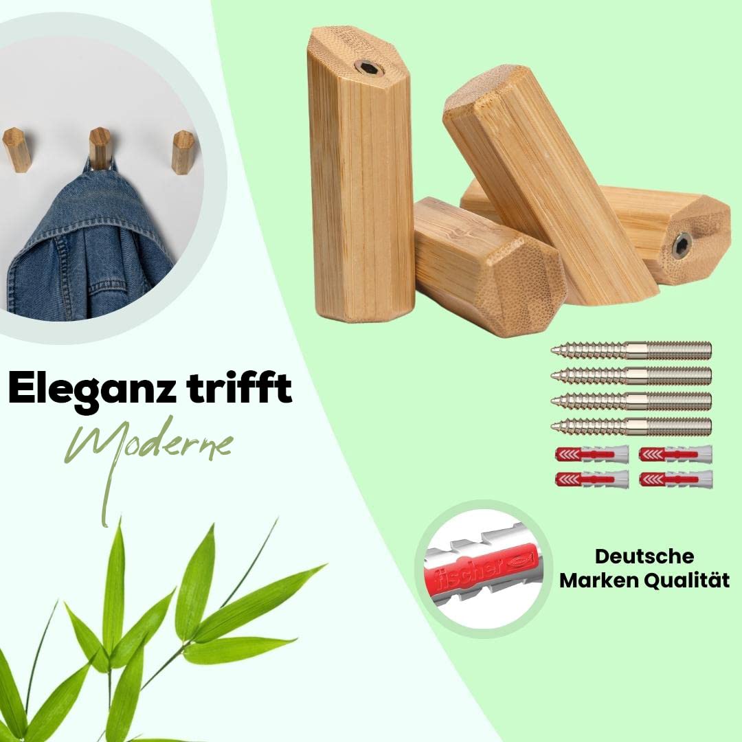 WJUAN Set di 4 ganci appendiabiti in legno, 155 mm, colore noce, ganci a J, versione