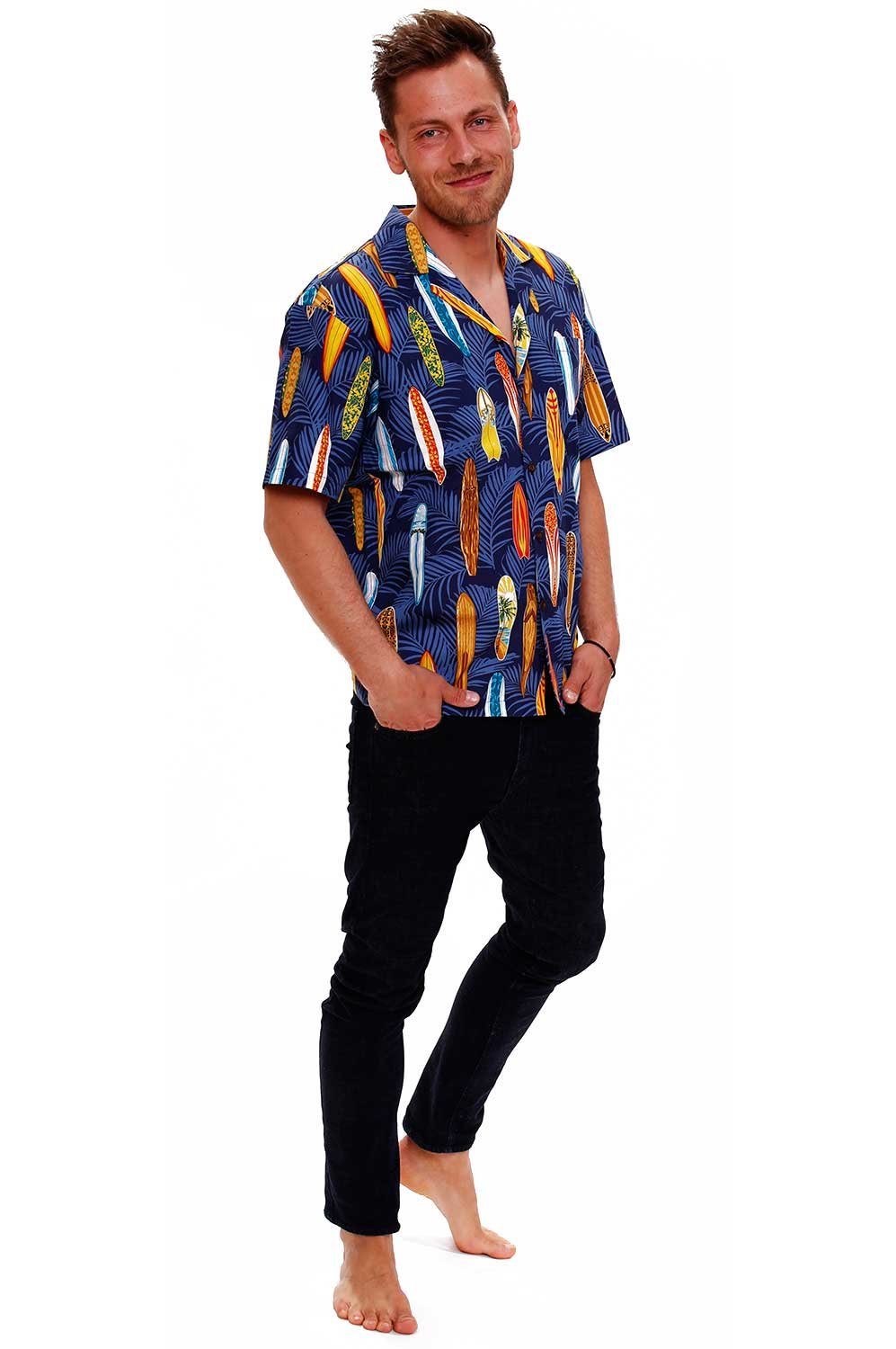 KY's Camicia Hawaiana Originale da Uomo, S - 8XL, a Maniche Corte, Tasca Frontale, Stampa Hawaiana, Tavole da Surf, Foglie di Palma Allover | Nero