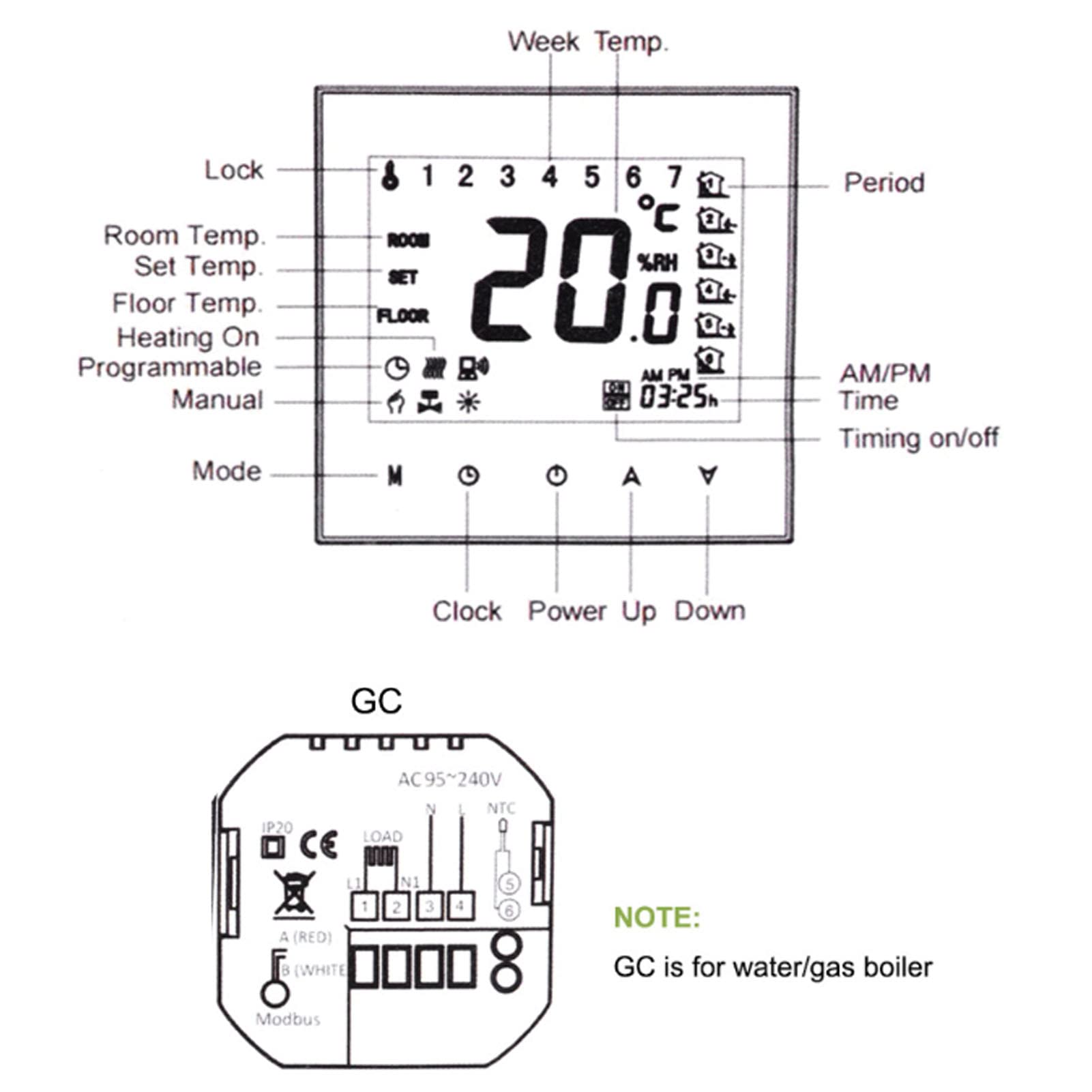 Termostato Inteligente Programable con Pantalla Táctil LCD, Dispositivo de Calefacción para Uso Doméstico, Blanco, 95-240V