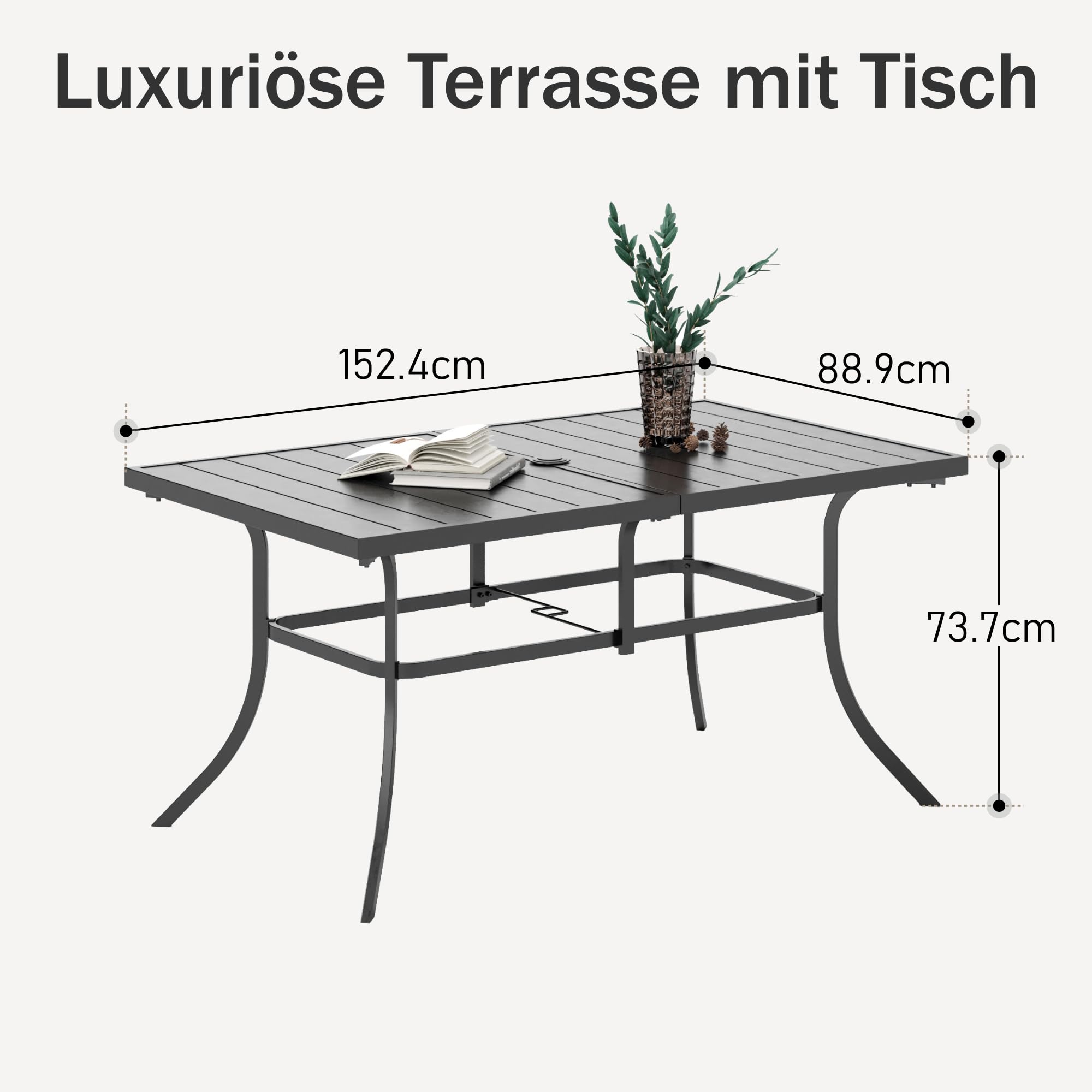 PHI VILLA Gartentisch für 6 Personen Terrasse Metalltisch mit Schirmloch | Wetterfester Stahlrahmen mit E-Beschichtung, 4-5 cm Schirmloch, Terrassentisch Für 6 Personen