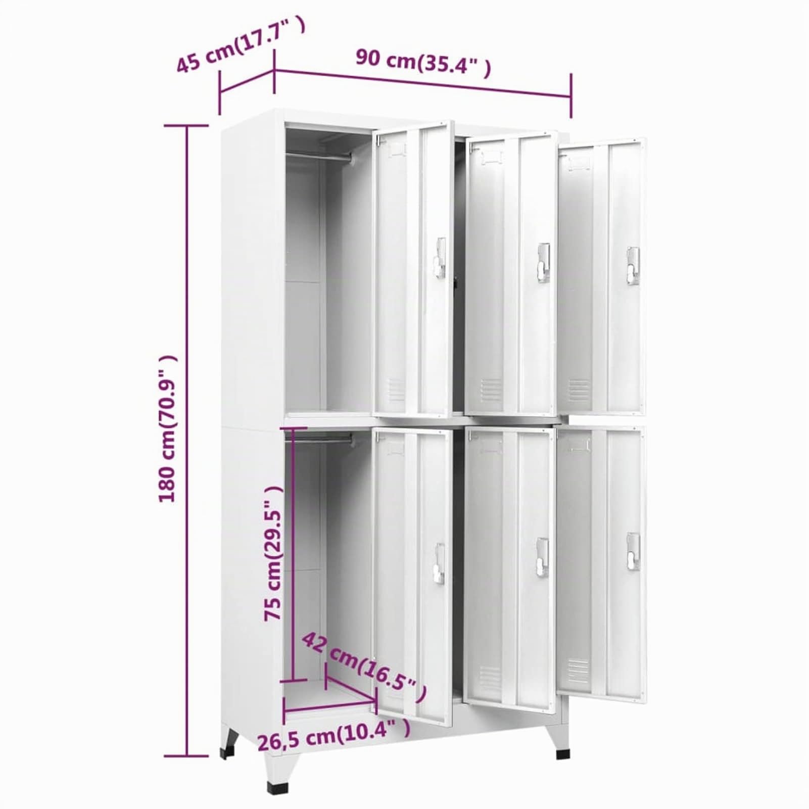 Armadietto a Chiave con 6 Scomparti, per Spogliatoi Palestre Uffici Scuole, in Acciaio Grigio 90x45x180 cm, con Ante Chiudibili a Chiave, Portanome e Ripiani Portanti