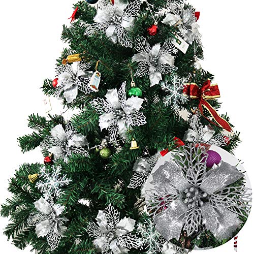 RECUTMS 12 Stks Kerst Glitter Kunstmatige Poinsettia Bloemen 6 inch Kerstkrans Kerstboom Bloemen Ornamenten Vakantie Seizoensgebonden Decoraties (Xmas-Zilver)