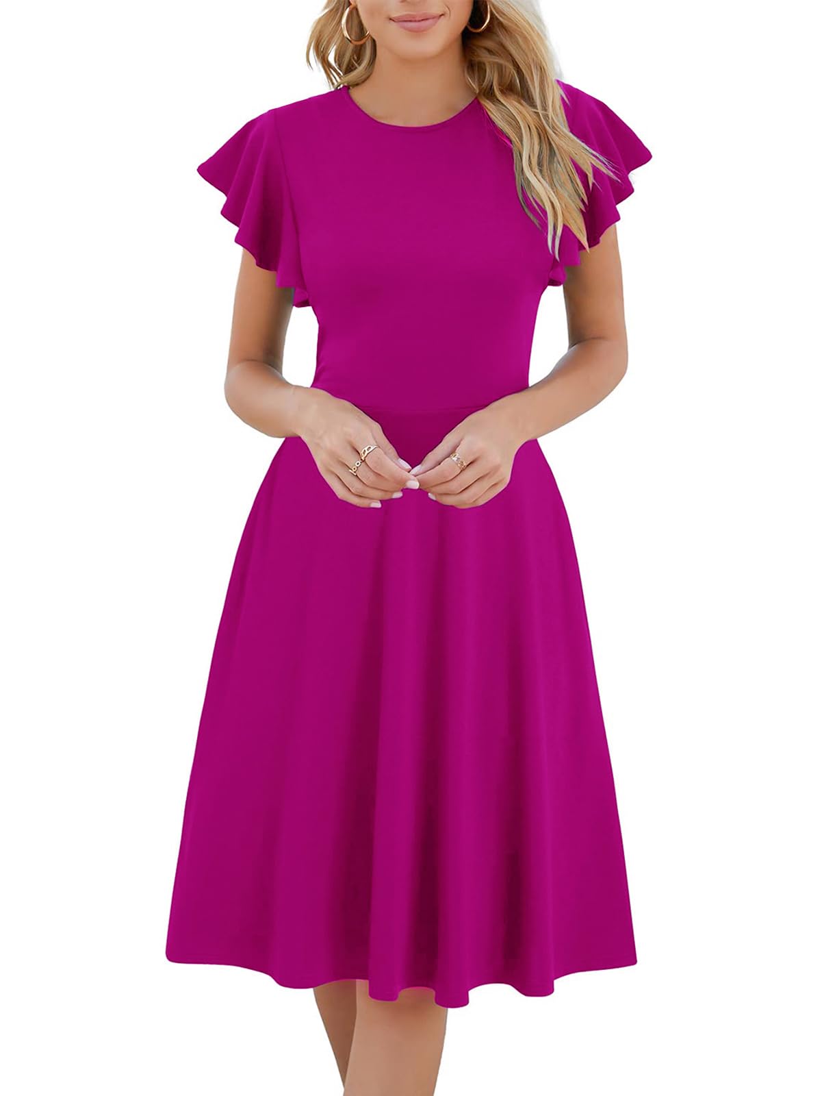 HELYO Women's Semi-Formal Ruffle Sleeves V-Back Work Fit and Flare Cocktail Knee Length Dress with Pockets 842
