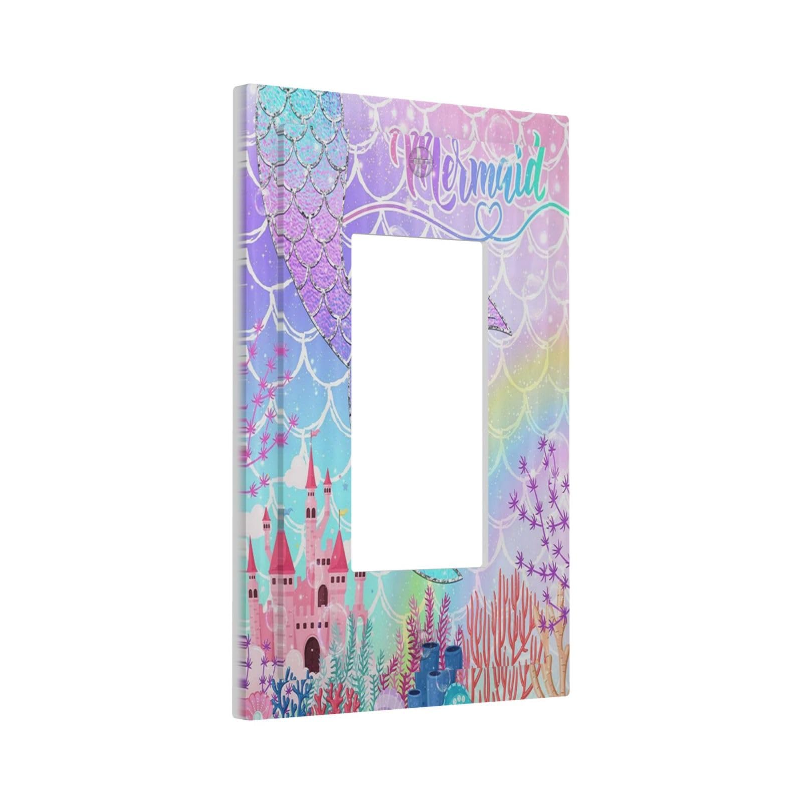 Silvery Glitter Cute Mermaid Tail Fantasy Castle 1 Gang Rocker Light Switch Covers Single Decora Outlet Wall Plate Decorative Switchplate Faceplate GFCI for Kidroom Nursery Bedroom Kitchen Decor