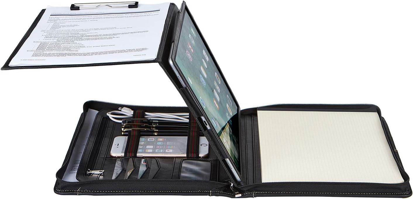 Leather Portfolio Folder, Business Leather Padfolio File Organizer with A4 Clipboard&Notepad Holder, Professional Padfolio with Tablet Case for iPad Pro 12.9 (2018/2020/2021), Black