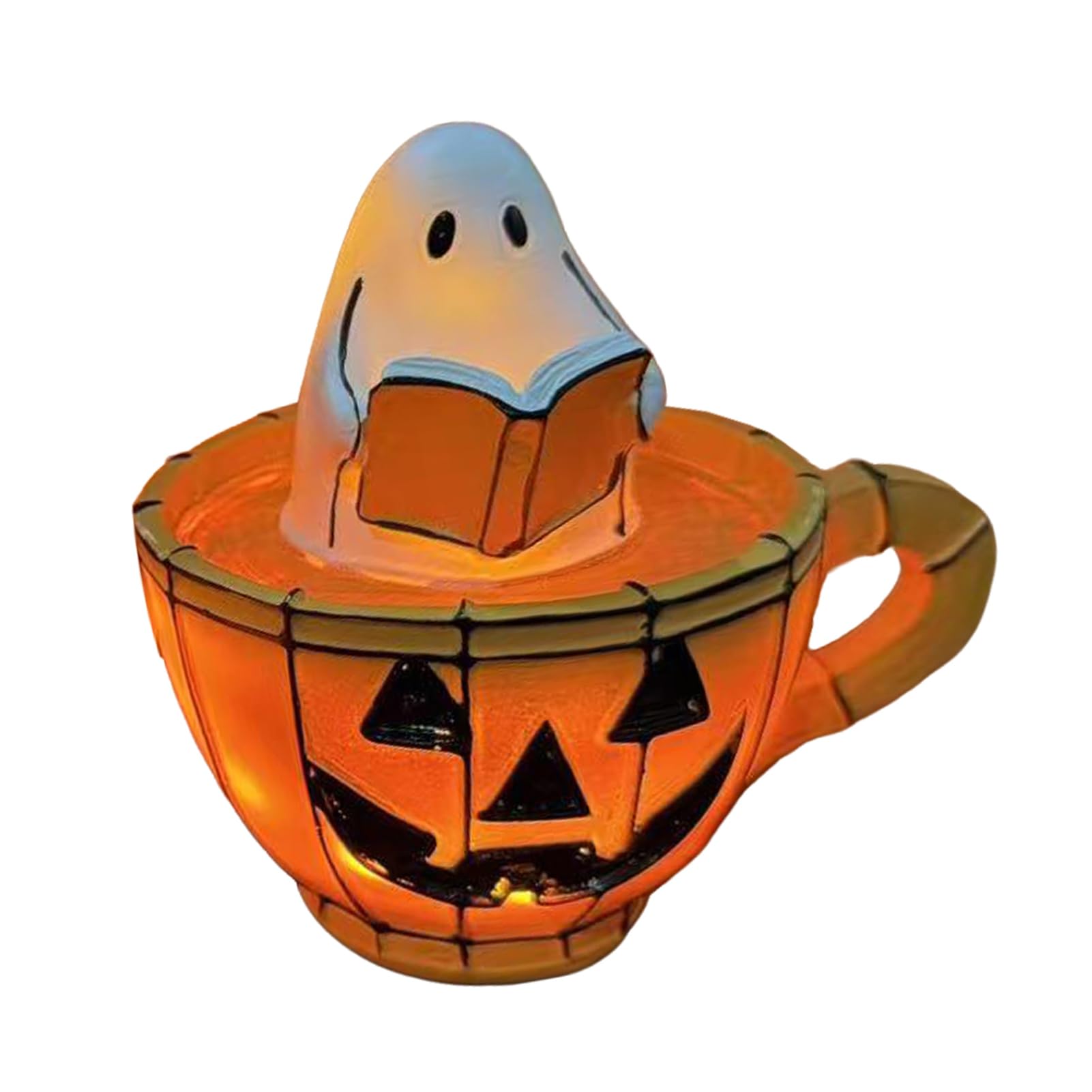 locwanot Ghost Reading Book Lamp, Stained Glass Style Halloween Night Light, Resin Spooky Pumpkin Ghost Bedside Lamp, USB Powered Decor Lampes for Bedroom, Living Room, Halloween Party B
