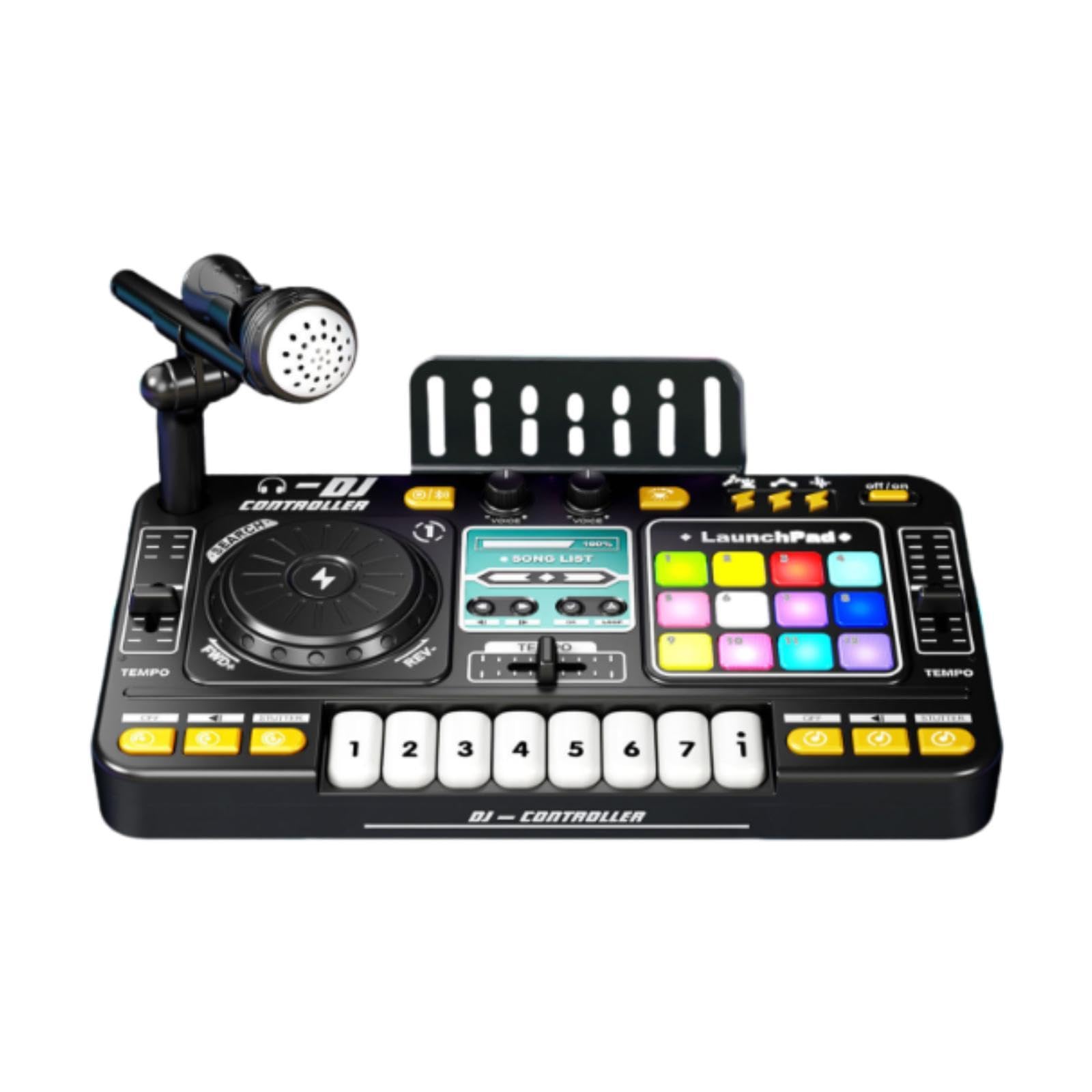 Mezcladora DJ para Niños Tocadiscos Controlador Juguete Musical Infantil Educativo Interactivo con Luces Panel Multifunción USB Recargable Adecuada, con Micrófono