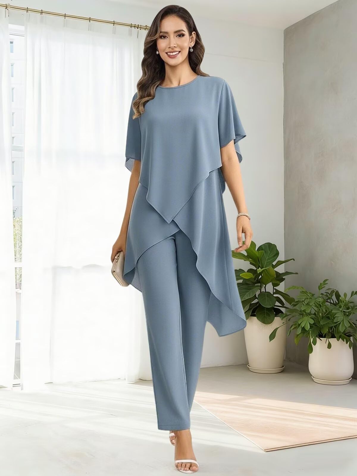 JAEDEN Chiffon 2 Teiler Hosenanzug Damen Halbarm Brautmutter Hosenanzug für Hochzeit