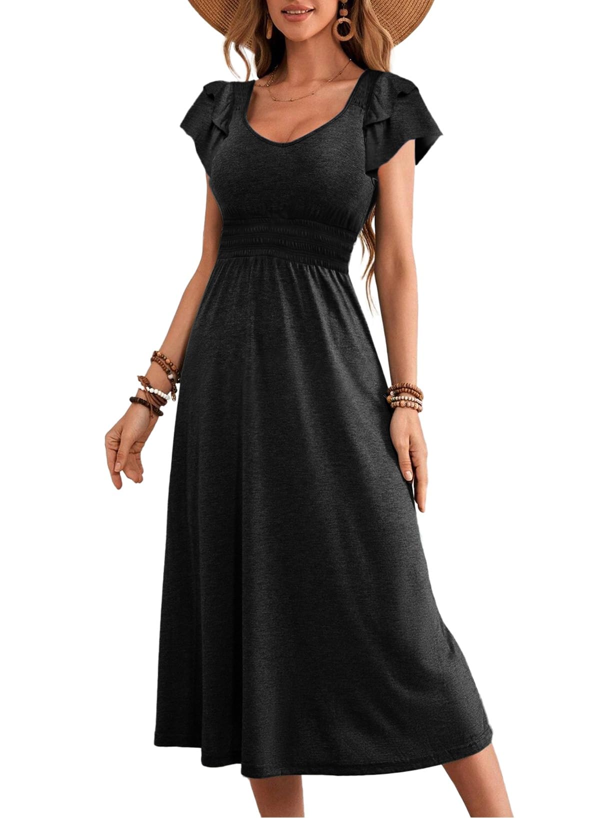 Dokotoo Women's Ruffle Short Sleeve High Waisted Midi Dress 2025 Spring Summer Casual Crewneck A-Line Dress