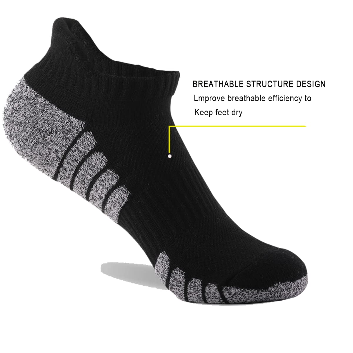 Herrensocken, 12 Paar, Anti-Blasen, gepolstert, atmungsaktiv, Laufsocken, Baumwolle, Sportsocken, niedrig geschnitten, athletische Sportsocken, Schwarz , 3-5