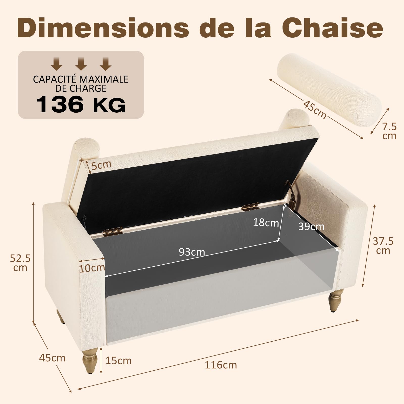 Hellove Panca Contenitore con Cuscini Rimovibili, 116 cm Panca da Ingresso in Lino con Gambe in Legno Massello, Cassapanca Fondo Letto per Camera da Letto, Soggiorno e Ingresso, Beige