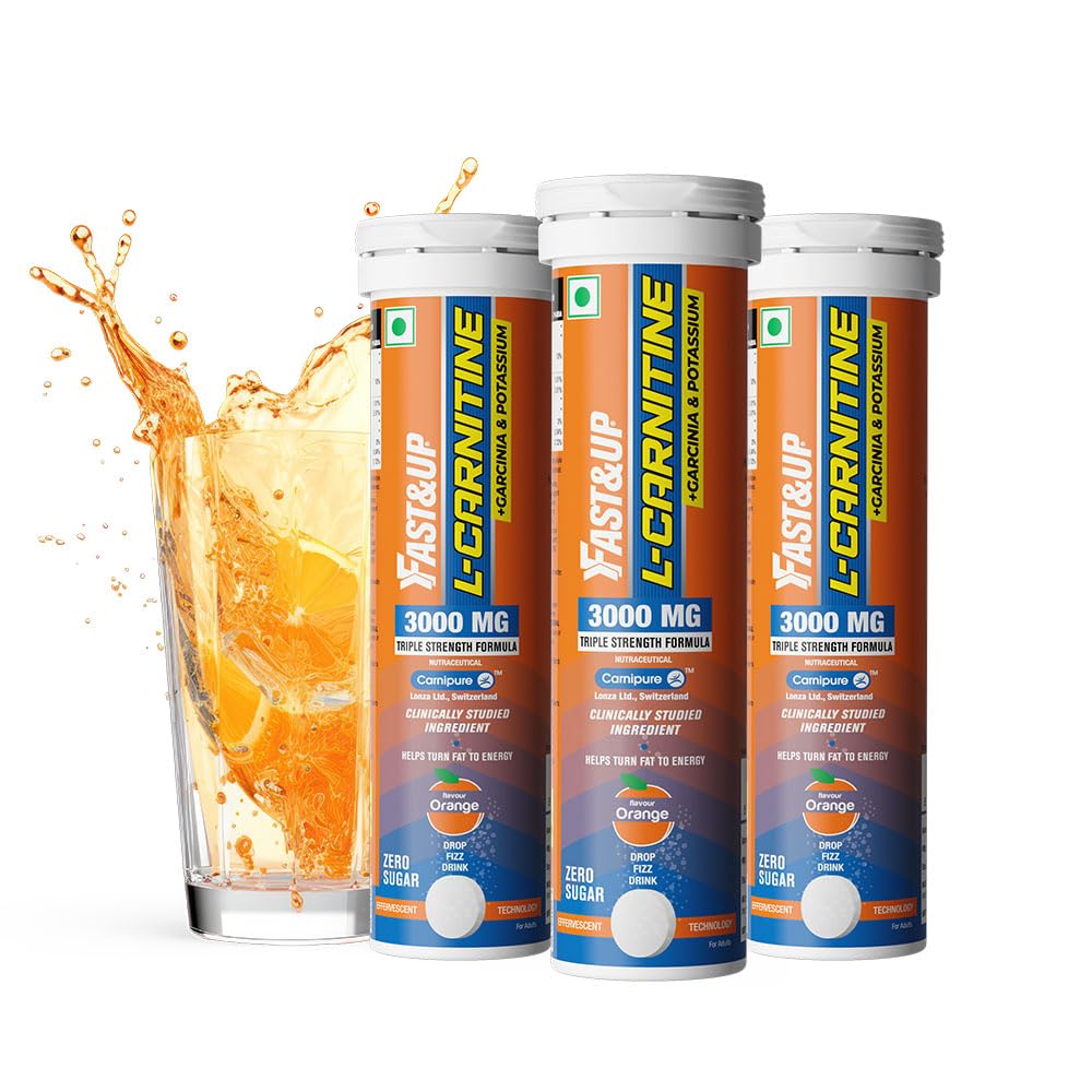 Fast&Up L Carnitine tartrate 3000mg Effervescent Tablets | Triple Action L Carnitine Supplement with Garcinia Cambogia & Potassium | Fat Burner for Weight Loss | Controls Cravings I Reduces Bloating I Orange Flavour (Pack of 3)
