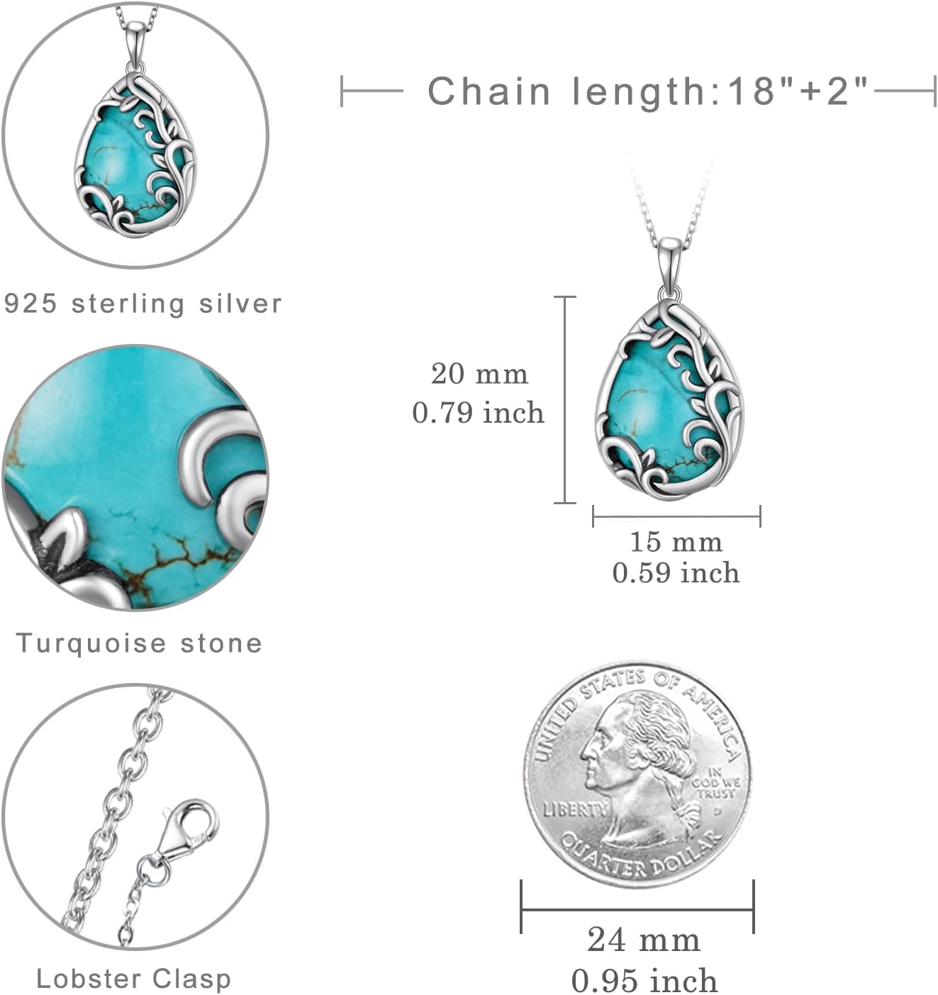 Teardrop Turquoise Necklaces 925 Sterling Silver Filigree Necklaces Pendant Genuine Natural Turquoise Jewelry Anniversary Birthday Gift for Women - Image 6