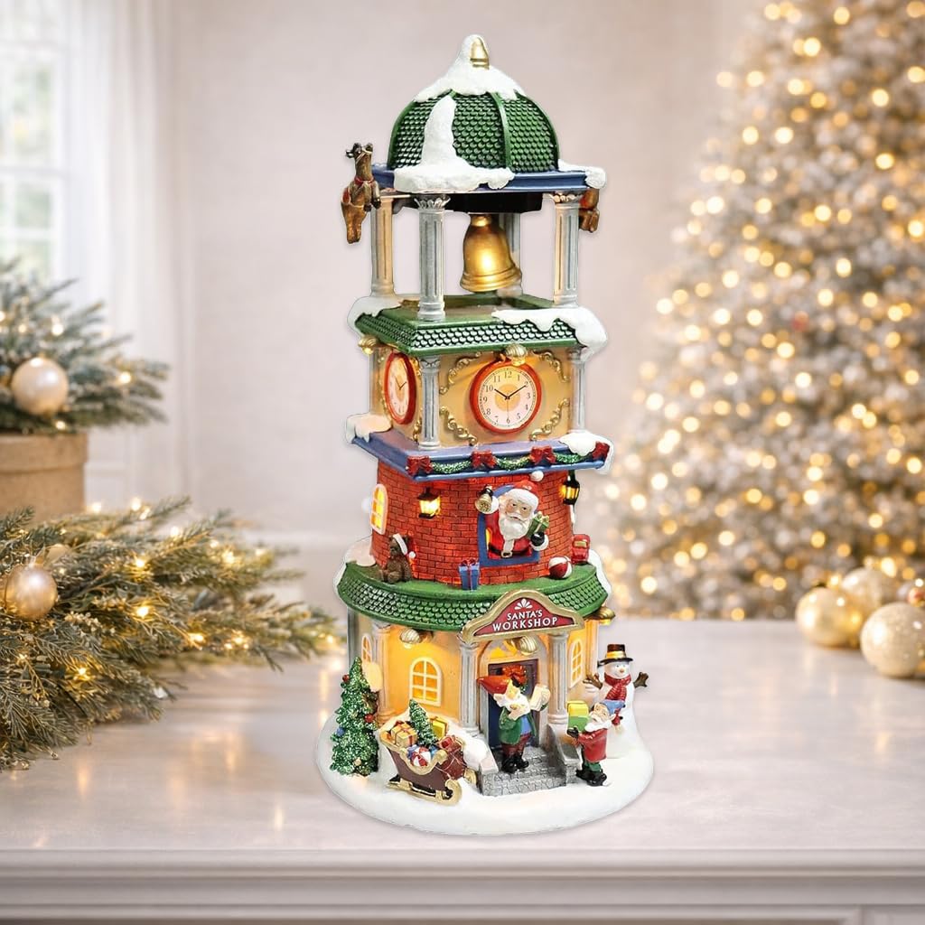 MOMENTS IN TIME 13.8”H Clock Tower with Animated Reindeer & Bell LED Lightup & Music Christmas Village Table Decor