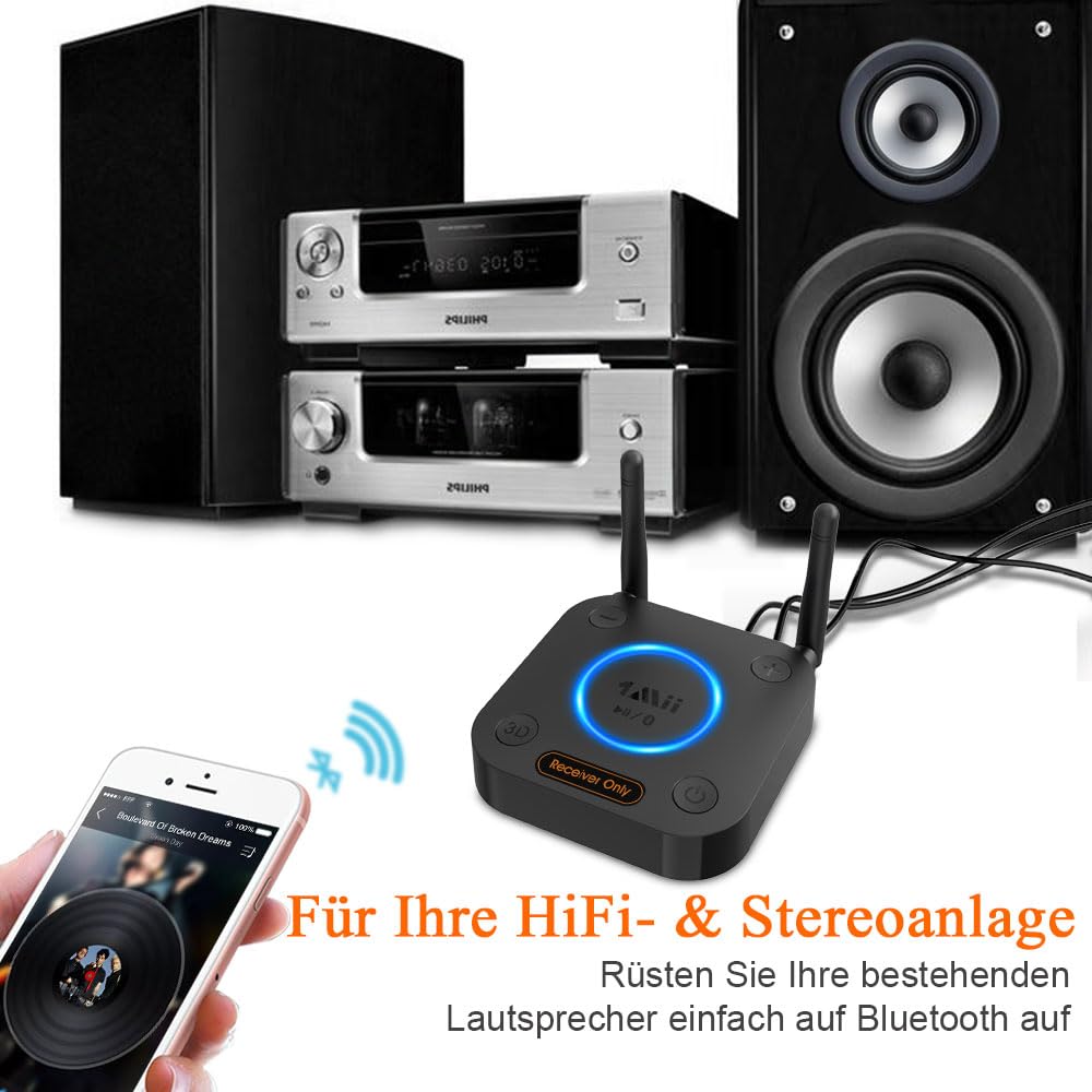 1Mii B06Pro Bluetooth 5.3 HiFi Empfänger, Kabelloser Audio Adapter aptX Low Latency 3D Surround Optisch Koaxial 3,5mm AUX