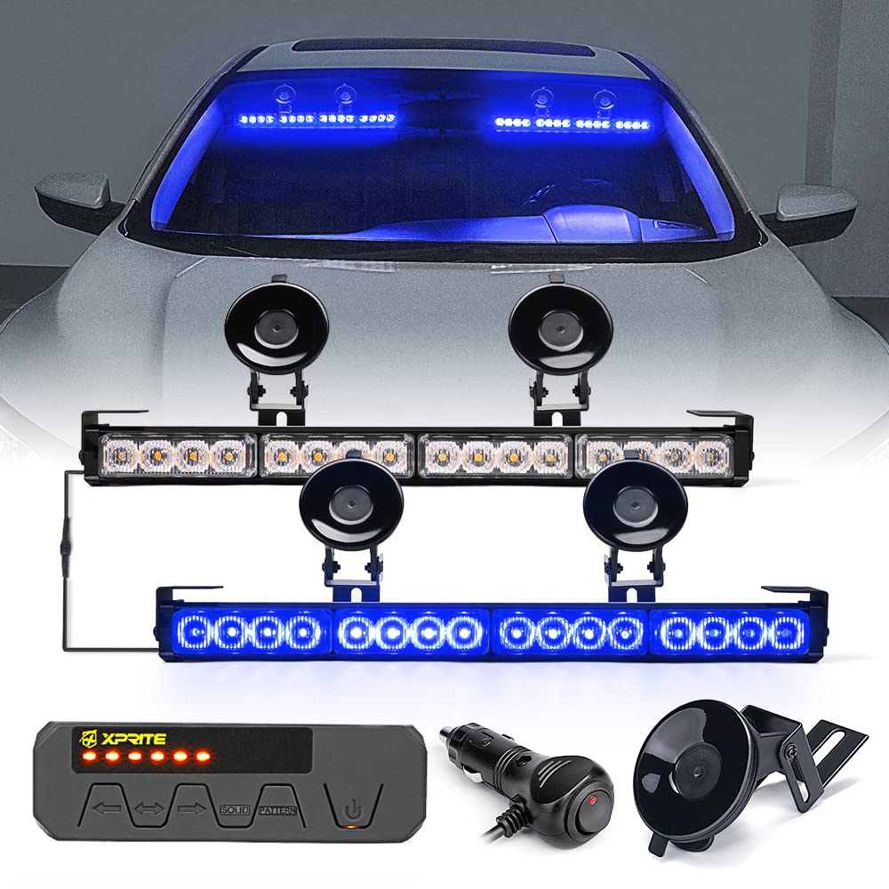 Xprite LED Emergency Traffic Advisor Strobe Dual Light Bar, Windshield Visor Deck Safety Hazard Warning Flashing Lightbars w/ Control Box, for Police Volunteer Firefighter Vehicles Trucks - Blue