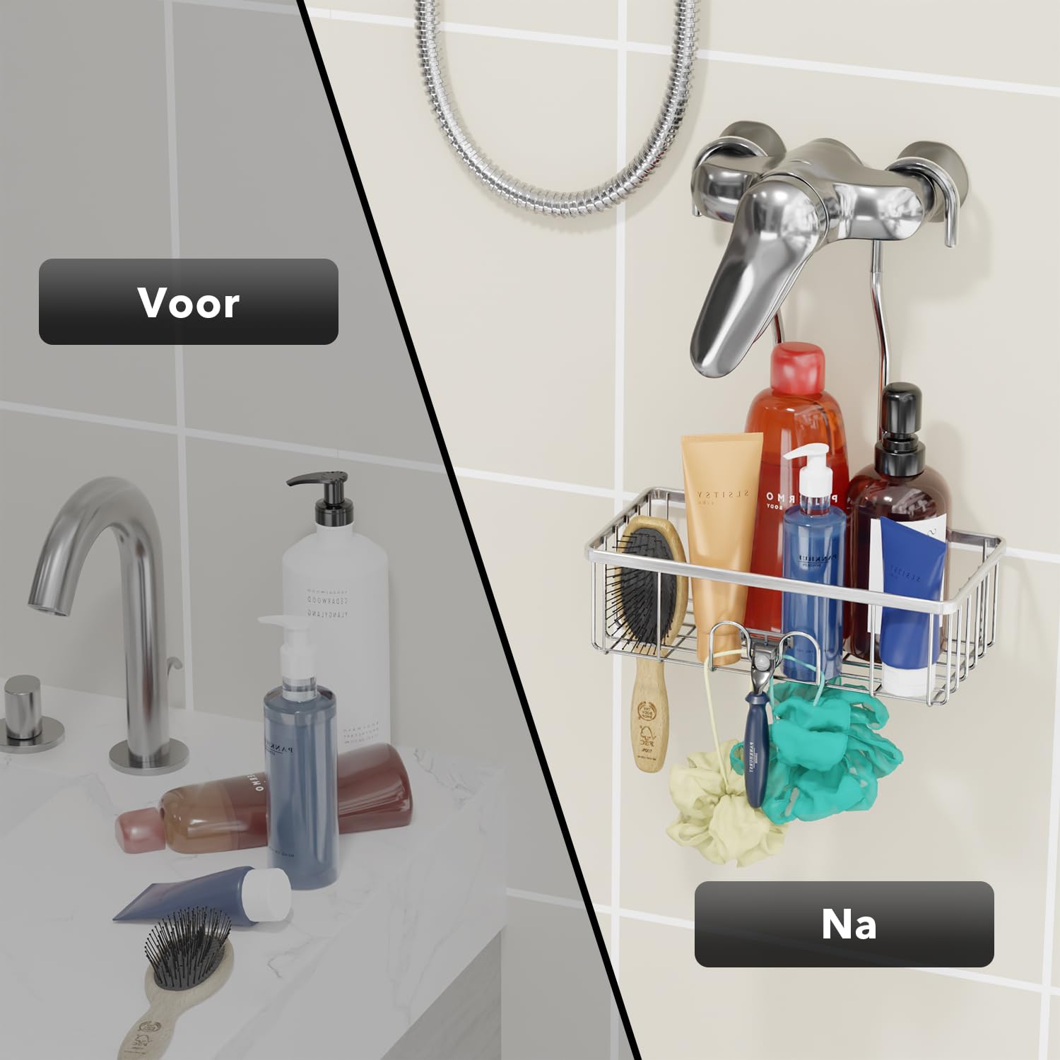 Etagere Douche à Suspendre Pickpiff - Rangement Salle De Bain En Acier Inoxydable Noir, 2 Niveaux Avec Crochets