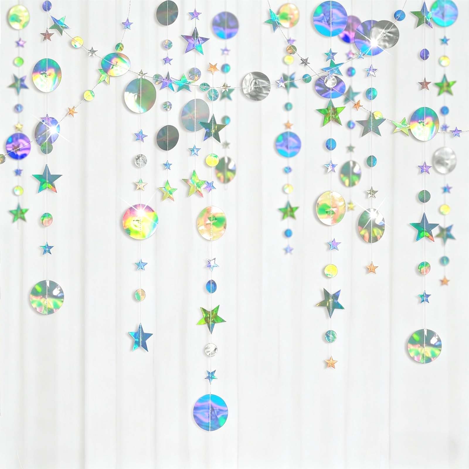 Solvio Iridescent Party Decorations, Holographic Prismatic Circle Star Garland, Hanging Paper Streamers for Birthdays, Weddings, Graduations and Hen Parties(52 Ft/4 Pack)